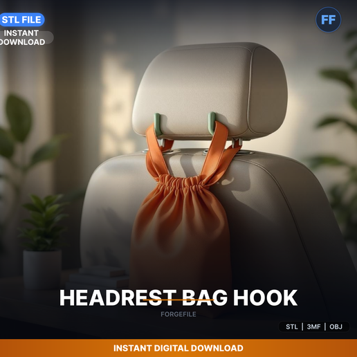 Car Headrest Hook For Bags, Grocery Holder, Purse Hook, - 3D Printable STL File