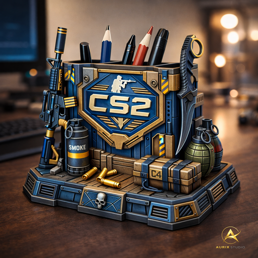 CS2 Tactical Desk Organizer STL – Gaming Themed Pen Holder – Counter Inspired 3D Printable Desk Setup Decor