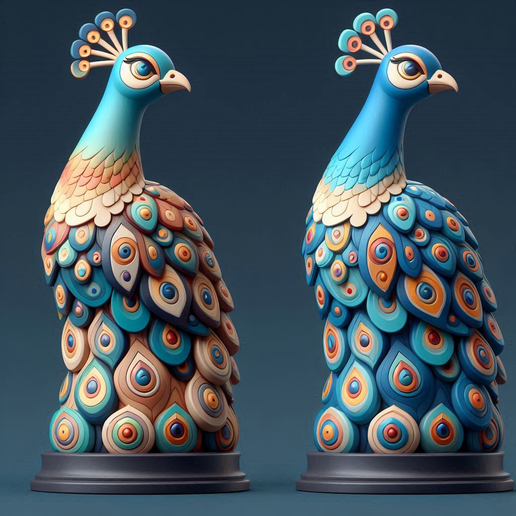 3648 Color 3D Model of a Peacock on Base, totem, zebra, elephant, giraffe, fairy, character, peacock, magic, monster, miniature, dog, cat, minimalist, fantasy, collectible, figurine, wolf, decorative, animals, STL