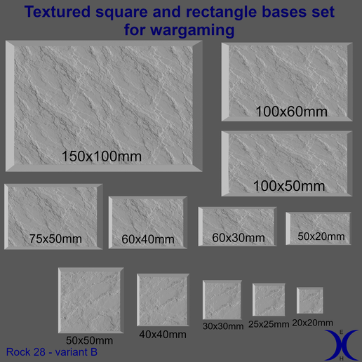 Rock28_square_bases_set_banner_v2.png Quadratisches und rechteckiges Basen-Set - Rock28 - Variante B Textur (20-150mm) | Perfekt für Tabletop Wargames & RPG's