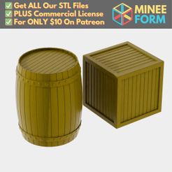 Medieval-Wooden-Barrel-and-Crate.jpg 50mm Fantasy Mini Miniature Barrel and Crate for D&D Tabletop Wargame Terrain MineeForm FDM 3D Print STL File