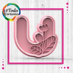 4416-U-con-flores.69.jpg STL file U letter cutter with flowers・Template to download and 3D print