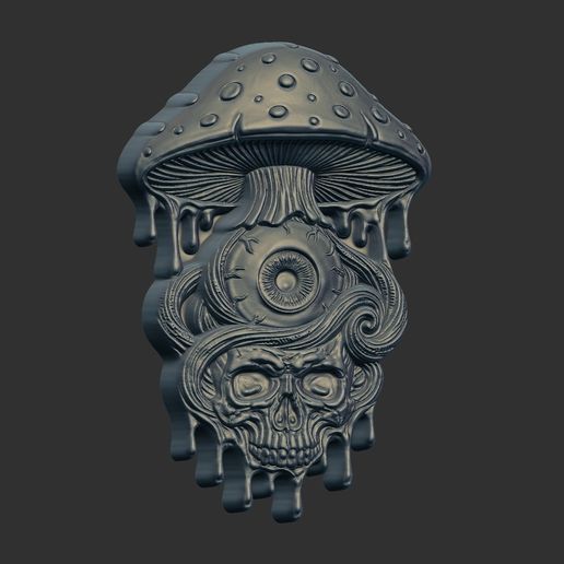 3D digital relief sculpture featuring a dripping mushroom cap, a prominent eye, and a skull