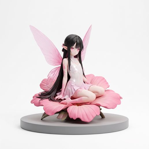 Pink Fairy Girl Sitting on Flower - Anime Elf 3D Print Figure STL 3D model
