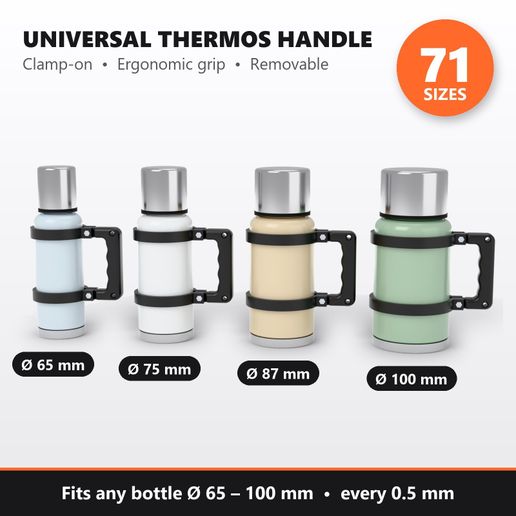 Universal Thermos Handle – 71 Sizes, Fits Any Bottle Ø65–100 mm | Clamp-On Ergonomic Grip