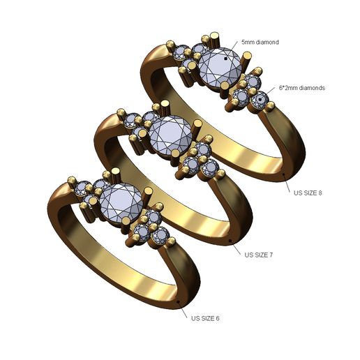 Diamond 5mm stone cluster ring US sizes 6 7 8 3D print model 3D model