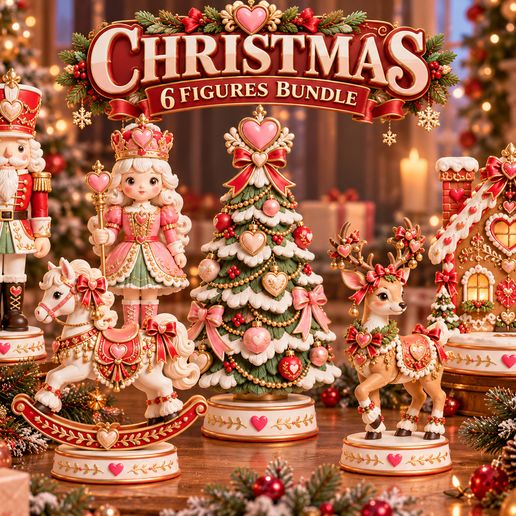 Christmas 6 Figures Bundle STL Miniature Pack – Nutcracker, Fairy, Tree, Reindeer, Rocking Horse, Gingerbread House – PreSupported FDM SLA