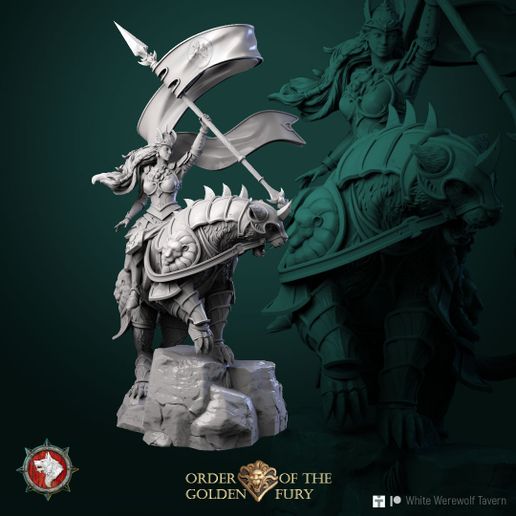 Katharina_on_a_cat_V1.jpg 'Order of the Golden Fury' January 2023 Release 25 STL's miniatures pre-supported