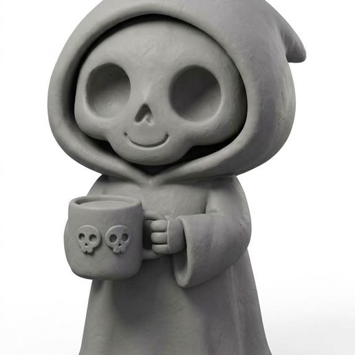 Cute Chibi Grim Reaper Holding Coffee Mug - Halloween Desk Toy & Collectible