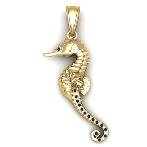 Gold Seahorse Pendant with Blue Sapphire Accents