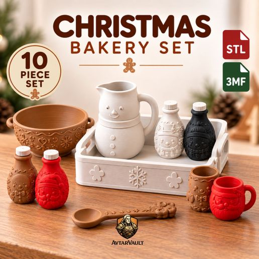10-Piece Christmas Bakery Set, 3D Printable Kitchen Decor (STL, 3MF Files)