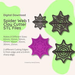 Digital Download Spider Web 1 Clay Cutter STL Files Makes 8 Different Sizes: 60mm, 55mm, 50mm, 45mm, 40mm, 35mm, 30mm, 25mm. 2 different Cutting Edges: 0.7mm edge and a 0.4mm Sharp edge. Created by UtterlyCutterly 3D file Spider Web 1Clay Cutter - Halloween STL Digital File Download- 8 sizes and 2 Cutter Versions・3D printer model to download, UtterlyCutterly