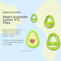 Digital Download Heart Avacado Cutter STL Files Makes 8 Different Sizes: 60mm, 55mm, 50mm, 45mm, 40mm, 35mm, 30mm, 25mm. 2 different Cutting Edges: 0.7mm edge and a 0.4mm sharp edge. Created by UtterlyCutterly Archivo 3D Cortador de arcilla con forma de corazón de aguacate - Descarga de archivos digitales STL de frutas y verduras - 8 tamaños y 2 versiones de cortadores・Modelo imprimible en 3D para descargar