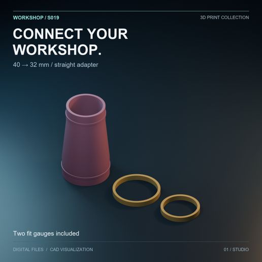 40 to 32 mm Dust Hose Adapter with Fit Gauges — STL + OpenSCAD