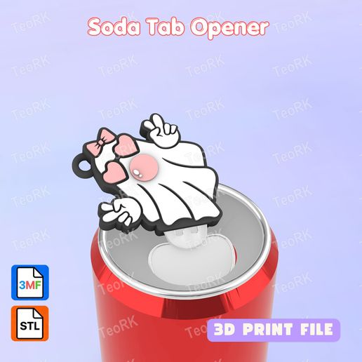 Soda Tab Opener ghost girl with heart-shaped glasses and bubble gum Keychain - STL 3MF pre-painted - Soda can Opener