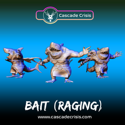 Bait-Raging-Listing-01.png STL file Bait RAGING! - Sharkfolk Barbarian (28mm, 32mm, & Display Size)・3D printer design to download