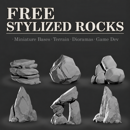 FREE + Stylized Rocks + STL + Miniature Bases + Terrain + Dioramas 3D model