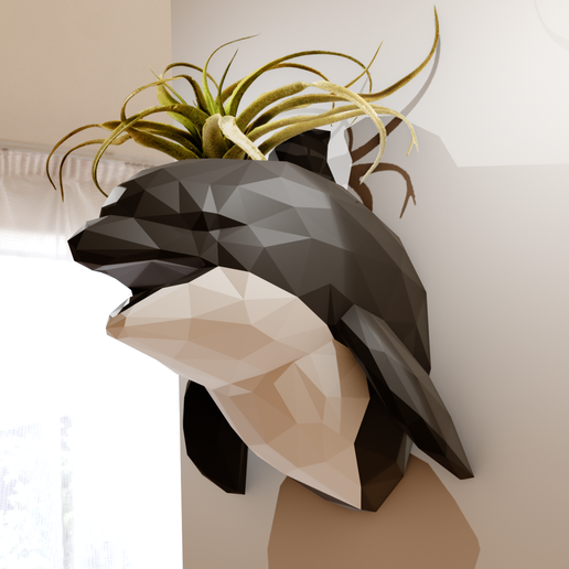 orca whale mouth open head wall mount planter pot flower vase low poly stl - 3D model önizlemesi