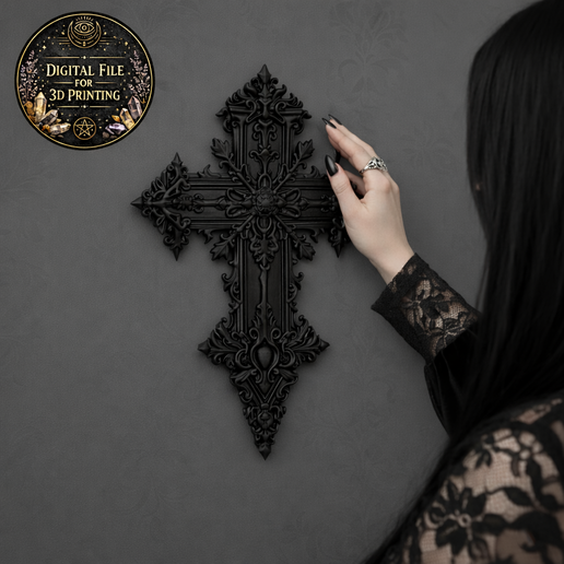 Ornate Gothic Cross Wall Decor STL File for 3D Printing – Dark Baroque Cruciform Relief Ornament