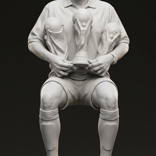 Pele The King Sitting on Edge with 3 World Cup Trophies - Shelf Sitter 3D Print Model
