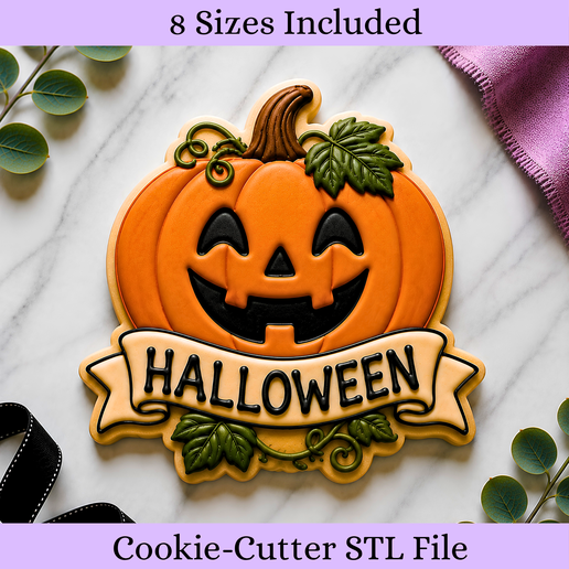 Pumpkin with Banner Cookie Cutter STL – Spooky Cookie Cutter – 8 Sizes