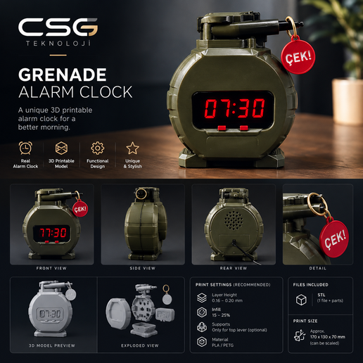 Grenade Alarm Clock – 3D Printable Desk Clock
