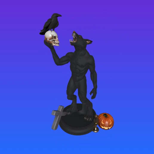 3604 Werewolf Howling with Skull - Minimalist Statue, witch, werewolf, character, 3d, magic, monster, gothic, stl, skeleton, skull, minimalist, 3dmodel, 3dprint, 3dtalk, figurine, collectible, fantasy, dragon, decorative, STL