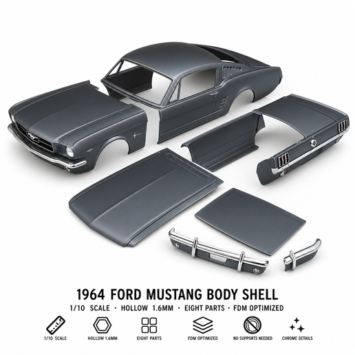 🚙 1964 Ford Mustang Body Shell — 1/10 Scale | 8 Parts | FDM Optimized ...