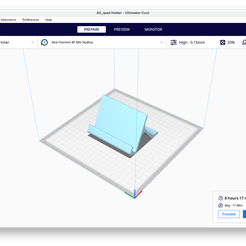 @ A4_lpad Holder - Ultimaker Cura File Edit View Settings Extensions Preferences Help Ultimaker Cura PREVIEW MONITOR 7 co Marcus 3D Printer v © Best Filament BF ABS SkyBlue v = High - 0.15mm & 20% Qa off w% On v A Object list © 8hours 17 minutes @ ‘7 Ad Ipad Holder 46g - 17.48m 87.0 x 100.0 x 67.7 mm Preview Save to Disk Q@e@Avsd iPad Holder