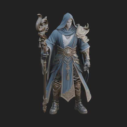 Hooded Wizard with Staff Statue Design 22 - 3D Print Model