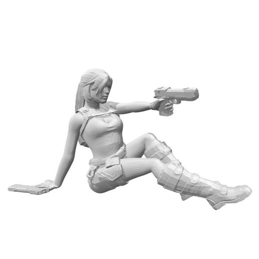 Lara Croft shooting, sitting