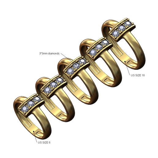 💎 Triple 3mm diamond rounded rectangular tag ring Us sizes 6to10 3D ...