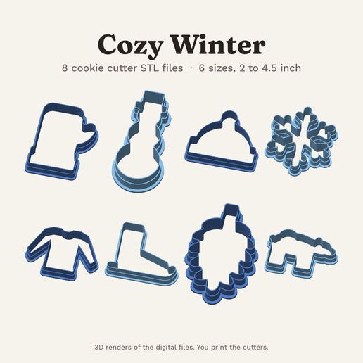Cozy Winter Cookie Cutter Set - 8 shapes, 6 sizes + edible printer templates