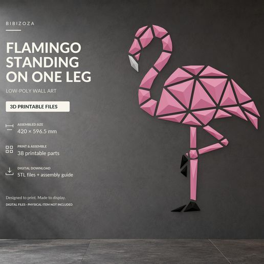 Flamingo — low‑poly standing one‑leg wall art panel