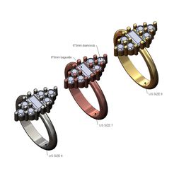 H-Baguette-Side-tri-cluster-diamond-ring-size6-7-8-00.jpg Fichier STL Bague à diamant baguette 6x3mm tailles US 6 7 8 Modèle d'impression 3D・Modèle à imprimer en 3D à télécharger
