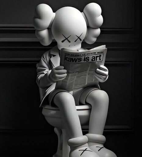 Kaws Companion reads its newspaper on the Toilet