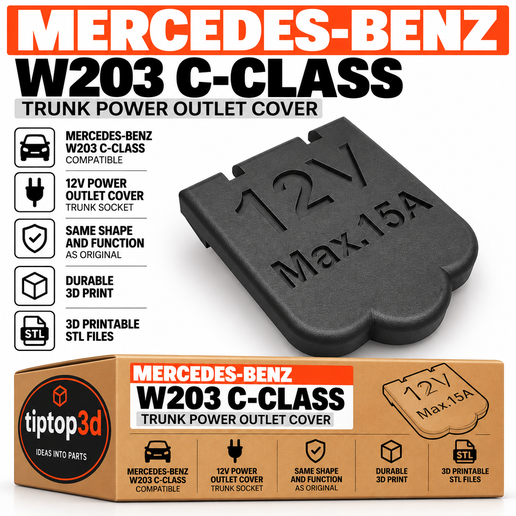 Mercedes-Benz W203 C-Class Trunk 12V Power Outlet Cover | 15A Socket Protective Cap | 3D Printable STL