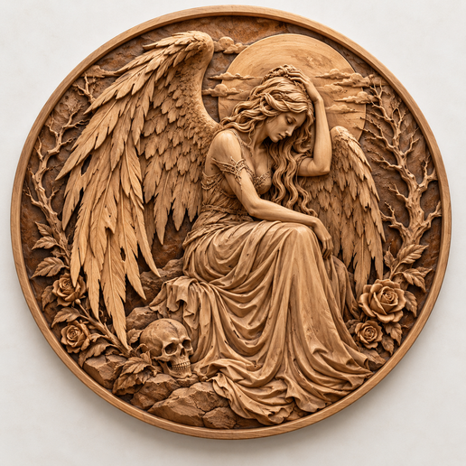 Angel with Roses  Skull (3D Relief STL File)