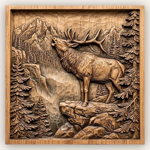 Majestic Bugling Elk Mountain Wilderness CNC Relief STL
