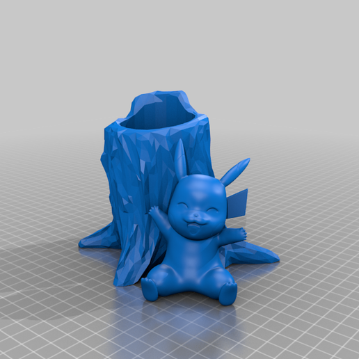 🌳 Pikachu with a Low Poly Tree Stump Pencil Holder・Free 3D File for ・Cults