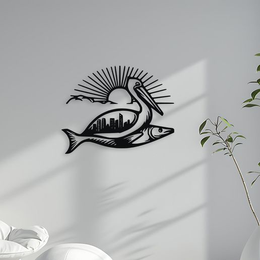 Pelican and Fish Cityscape Wall Decor Art 3D model