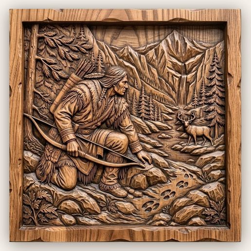 Native American Hunter Tracking Deer CNC Relief STL