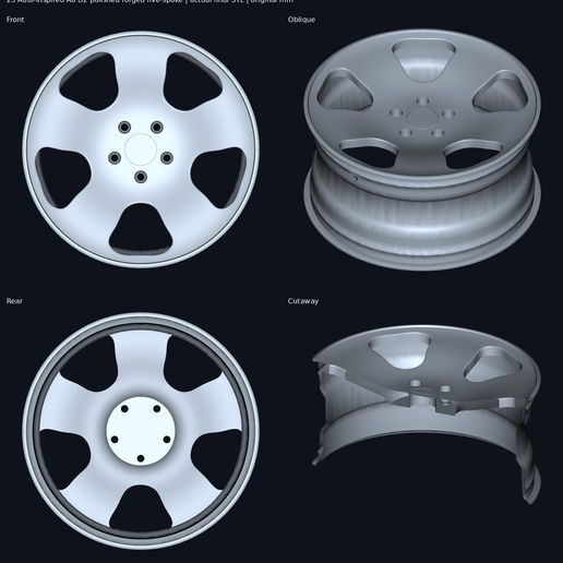 Audi-inspired A8 D2 polished forged five-spoke — wheel model STL