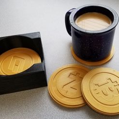 Cryptocoasters_Cover.jpg Free STL file Crypto Coasters and Caddy ("Bitcoin" Coasters)・Template to download and 3D print