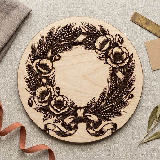 Wheat and Poppy Wreath SVG, Country Field Laser Engraving File, Harvest Wall Art, Instant Download