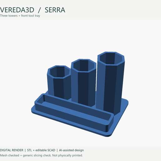 Vereda3D Serra — Three-Tower Desk Organizer + Front Tray | STL + SCAD