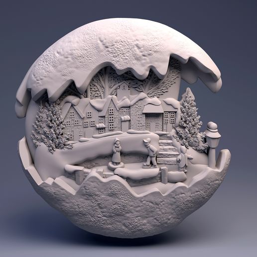 Christmas Village Ornament STL | Winter Snow Globe CNC 3D Model | Holiday Relief Decoration Design
