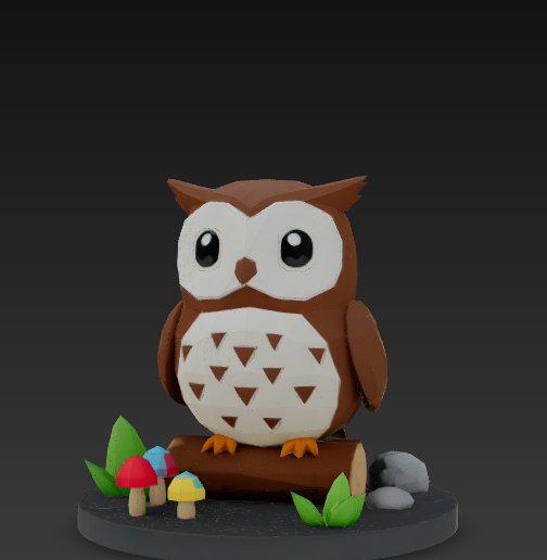 Low Poly Owl on Log - Cute Bird Figurine -  3D Printable -STL