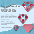 Lo? Ae Te Diamond 2 Clay Cutter STL Files Makes 10 Different Sizes: 60mm, 55mm, 50mm, 45mm, 40mm, 35mm, 30mm, 25mm, 20mm, 15mm. 2 different Cutting Edges: 0.7mm edge and a 0.4mm Sharp edge. Created by UtterlyCutterly Diamond 2 Clay Cutter - Jewel STL Digital File Download- 10 sizes and 2 Cutter Versions