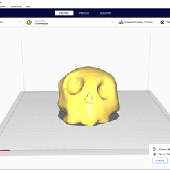 CE3PRO_Windwaker Skull - Ultimaker Cura _ oO x File Edit View Settings Extensions Preferences Help Ultimaker ‘au fe) Sata MONITOR Co Creality Ender-3 Pro v © Generic PLA v = Standard Quality - 0.2mm & 20% Qa Off wy Off v 0.4mm Nozzle I EEE ERB ERE OM “A Object list a © 11 hours 38 minutes @ 4 CE3PRO_Windwaker Skull 123g 41.27m 86.7 x 92.2 x 67.0 mm Preview Save to Disk Q@e@Avd STL file Windwaker skull・3D print object to download